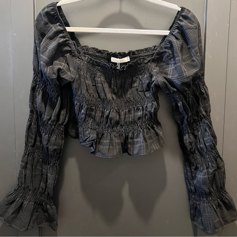 Boutique Plaid Smocked Off-Shoulder Blouse